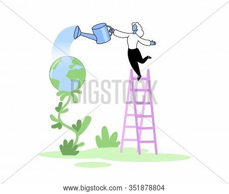 Young Woman Watering The Globe On Growing Plant. Volunteers Taking Care About Planet Ecology Concept