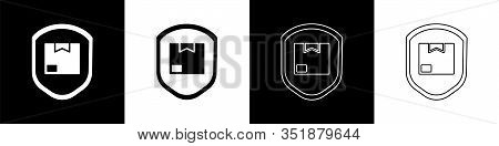 Set Delivery Pack Security With Shield Icon Isolated On Black And White Background. Delivery Insuran