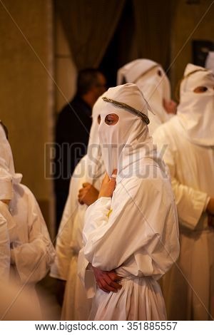 Leonforte, Sicily - April, 19: Christian Brethren During The Traditional Good Friday Procession On A