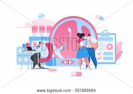 Happy Parents And Baby In Fertility Clinic. Flat Cartoon People Vector Illustration