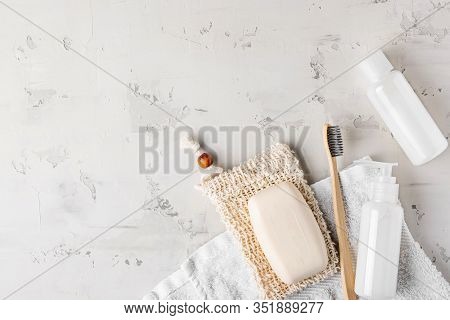 Zero Waste, Sustainable Bathroom And Lifestyle. Bamboo Toothbrush, Natural Soap, Homemade Diy Beauty