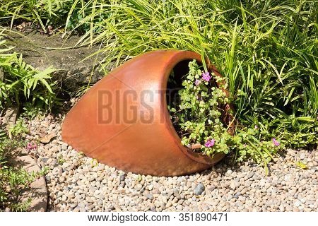 Plantpot Embedded In Small Stones In Garden
