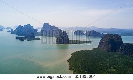 Aerial Panorama View Over Ko Panyi Floating Village In Souther Of Thailand. Ko Panyi Is A Fishing Vi