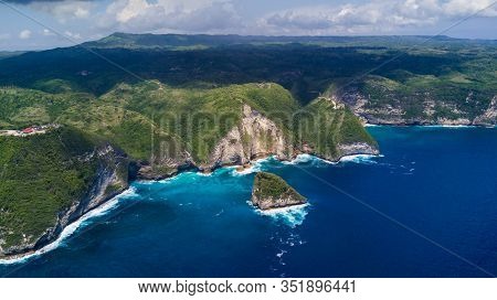 Aerial View On Karang Dawa Bay, Kelingking Beach. Nusa Penida Island, Indonesia.