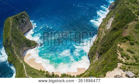 Aerial View On Karang Dawa Bay, Kelingking Beach. Nusa Penida Island, Indonesia.
