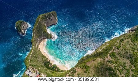 Aerial View Of The Tropical Coast Of The Island Of Nusa Penida, Beach Of Kelingking, Indonesia