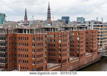 Hamburg, Germany - August 4, 2019: High Angle View Of The Warehouse District Or Speicherstadt. Sandt
