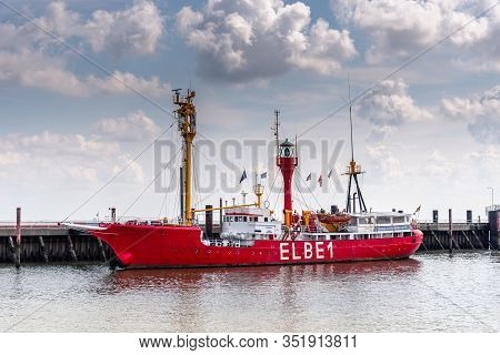 Cuxhaven, Germany - August 6 2019: Lightship Elbe 1 Maritime Museum Moored In The Harbour Of Cuxhave