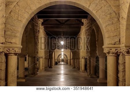 Stanford, California - February 14, 2020: Exterior Colonnade Hallway at Stanford University