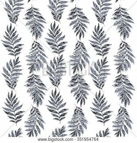 Seamless Tropical Vector Pattern. Black And White Hand Drawn Leaves. Endless Ornament