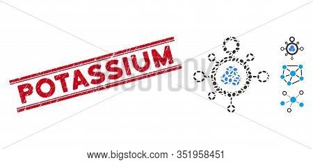 Rubber Red Stamp Seal With Potassium Text Between Double Parallel Lines, And Mosaic Molecule Icon. M