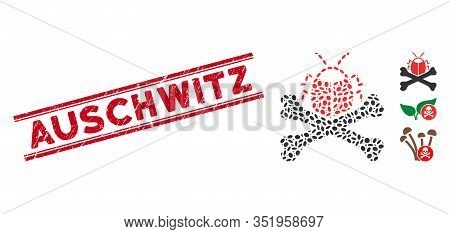 Grunge Red Stamp Seal With Auschwitz Phrase Between Double Parallel Lines, And Mosaic Pesticide Icon