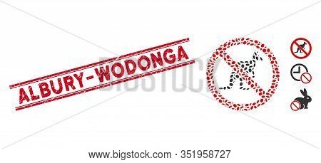 Grunge Red Stamp Watermark With Albury-wodonga Phrase Inside Double Parallel Lines, And Mosaic No Ka