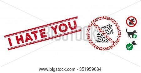 Rubber Red Stamp Seal With I Hate You Phrase Between Double Parallel Lines, And Mosaic No Werewolf I