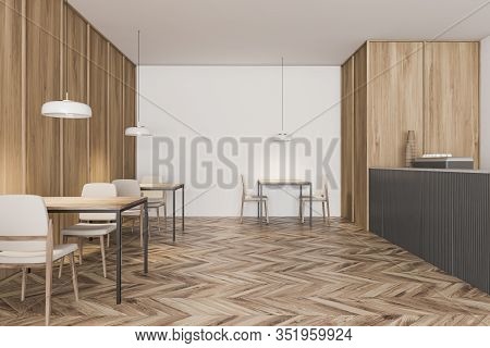 Interior Of Stylish Coffee Shop With White And Wooden Walls, Wooden Floor, Rows Of Square Tables And