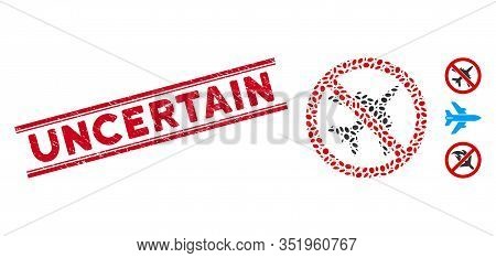 Rubber Red Stamp Seal With Uncertain Text Between Double Parallel Lines, And Mosaic No Airplane Icon