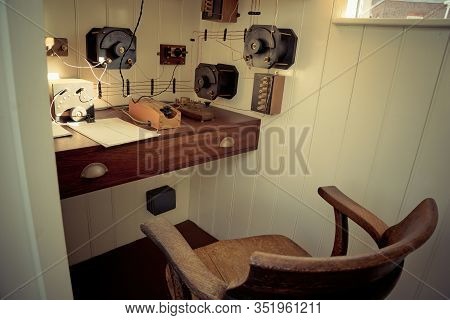 Morse Old Vintage With Morse Key Telegraph On Old Desk In Hms M33 Royal Navy Warship In The First Wo