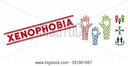 Rubber Red Stamp Seal With Xenophobia Caption Inside Double Parallel Lines, And Collage Tolerance Ha