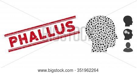 Grunge Red Stamp Watermark With Phallus Text Inside Double Parallel Lines, And Mosaic Human Head Ico