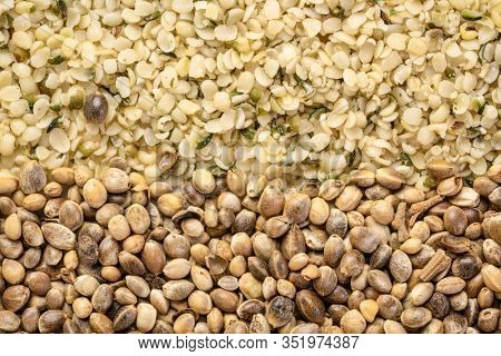dry hemp seed and hearts closeup background, superfood concept