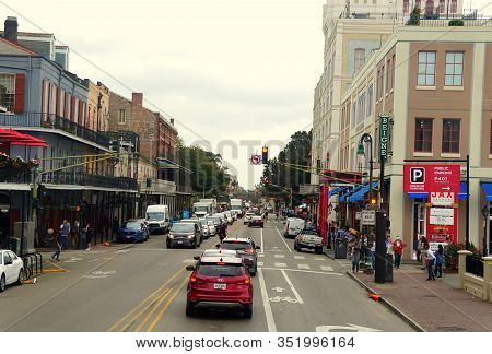 New Orleans, Louisiana, U.s.a - February 4, 2020 - The View Of The Traffic Near Decatur Street By Th