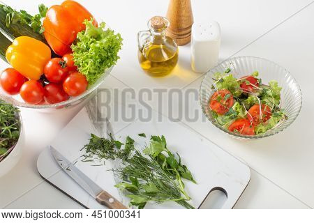 The Healthy Vegetarian Salad On White Table