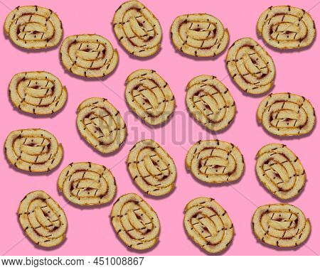 Bakery Abstract Pink Pattern Background, Roll Cake Slices Pattern Texture, Top View