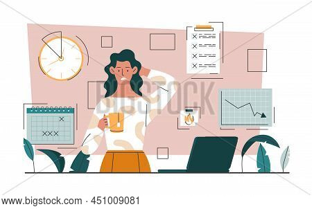 Deadline Pressure Concept. Young Girl With Mug Scratches Her Head. Tension, Panic And Fear, Responsi