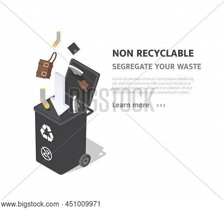 Sorting Non Recyclable Waste. Clothes And Bags Fall Into Open Trash Can. Protecting Planet From Poll