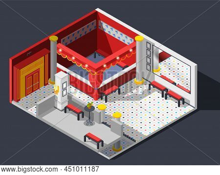 Theatre Hall Isometric Composition With Lights Benches And Mirror Vector Illustration