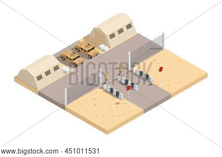 Military Isometric Composition With Guarded Military Base And With The Necessary Equipment Vector Il