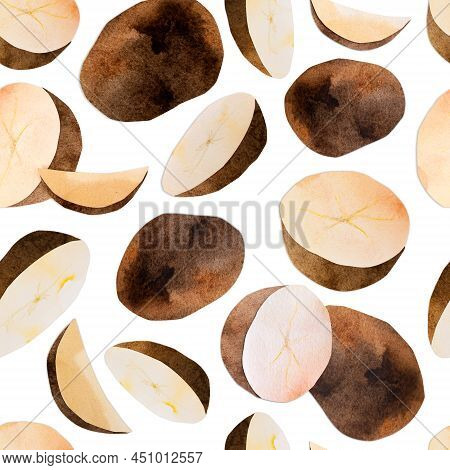 Hand-drawn Watercolor Papercut Potato Seamless Pattern. Bright Cute Kawaii Kidcore Style Illustratio