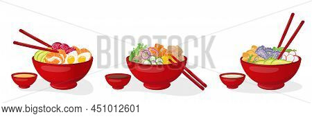 Vegetable And Seafood Poke Bowls Set With Chopsticks . Vector Stock Illustration Isolated On White B