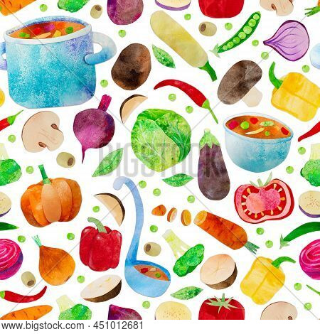 Hand-drawn Watercolor Vegetable Soup Seamless Pattern. Ingredients Such As Carrot, Beetroot, Cabbage