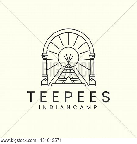 Indian Camp Or Teepees With Badge And Line Art Style Logo Icon Template Design.native, America,tradi