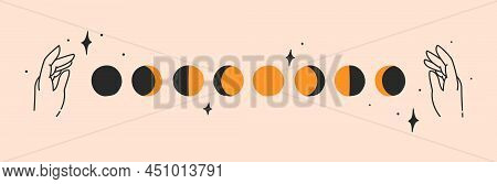 A Set Of Female Hands In A Minimal Linear Style Showing Full Moon Phases. Moon Luna Cycles Illustrat