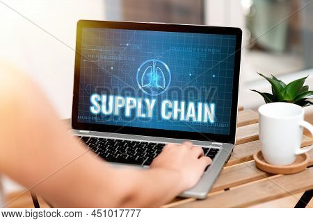 Text Sign Showing Supply Chain. Business Approach Network Between A Company And Suppliers In Produci