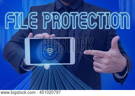 Hand Writing Sign File Protection. Conceptual Photo Preventing Accidental Erasing Of Data Using Stor