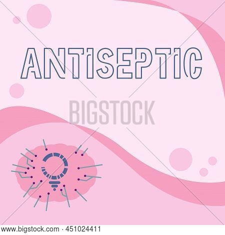 Sign Displaying Antiseptic. Word For Antimicrobial Agents That Delays Or Completely Eliminate The Mi