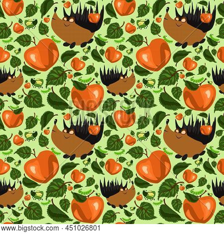 Summer Forest Pattern With Cute Hedgehogs, Caterpillars, Beetles, Apples And Apple Tree Leaves. Seam