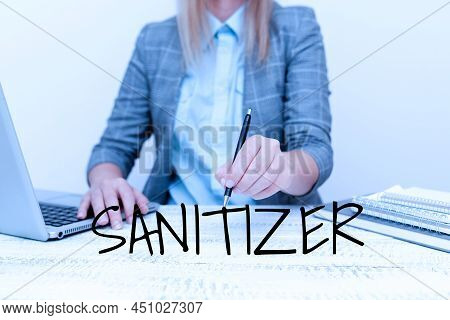 Conceptual Display Sanitizer. Word For Liquid Or Gel Generally Used To Decrease Infectious Agents Ar