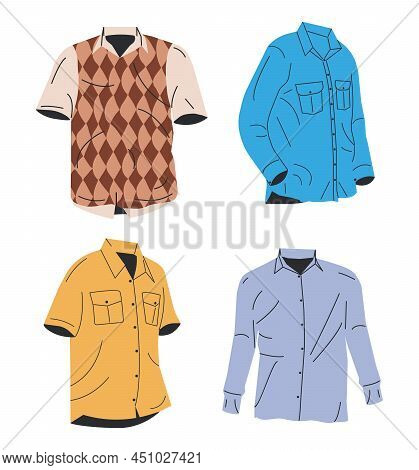 Man And Woman Shirt Collection Isolated. Shirt, T-shirt And Vest. Plain And With Prints. Trendy Casu