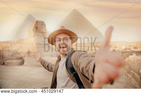 Travel Selfie Photo Man In Hat Background Pyramid Of Egyptian Giza And Sphinx, Sunset Cairo, Egyp