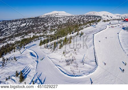 Sheregesh Ski Lift Resort Winter, Landscape Mountain And Hotels, Aerial Top View Russia Kemerovo Reg