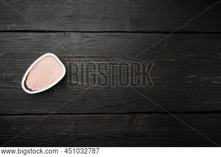 Liver Pate, Pasty Spread In Tin Can Set, On Black Wooden Table Background, Top View Flat Lay, With C