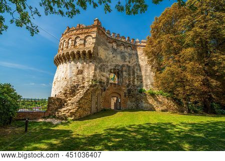 Scenic View Of New Round Tower Of Ostroh Castle, Ostroh, Rivne Region, Ukraine. Popular Travel Desti