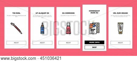Cosmetics For Visage Skin Treat Onboarding Mobile App Page Screen Vector. Eyeshadow Palette Face Oil