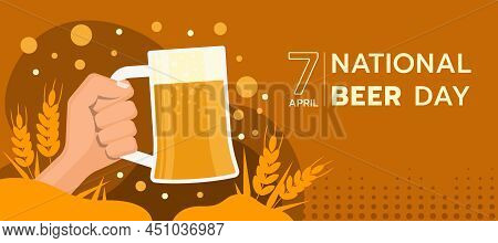 National Beer Day - Hand Hold A Glass Of Beer To Cheer On Abstract Orange Curve Texture With Wheat V