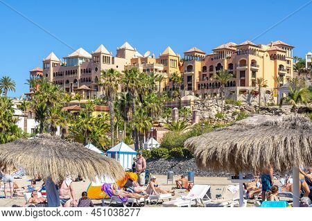Tenerife, Spain - Circa March 2017: Tourists On El Duque Beach In Costa Adeje