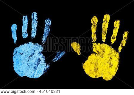 Ukraine Flag Color. Stop The War Background. Open Hand Paint Imprint. Symbolic Gesture Of Stop. One 
